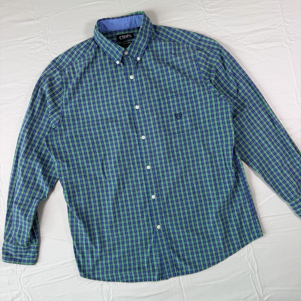 Chaps Mens Large Green Blue Plaid Easy Care Button Down Shirt Long Sleeve L